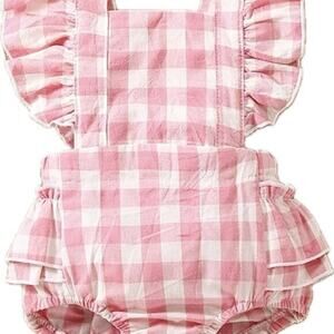 New baby girl summer plaid romper, bow 0-6 months